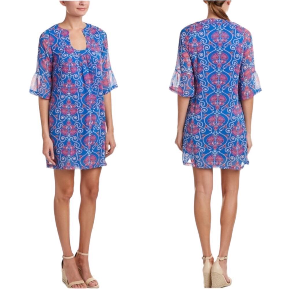 Tracy Negoshian Womens Alice Shift Dress Blue 3/4 Bell Sleeve Lined Ruched S New